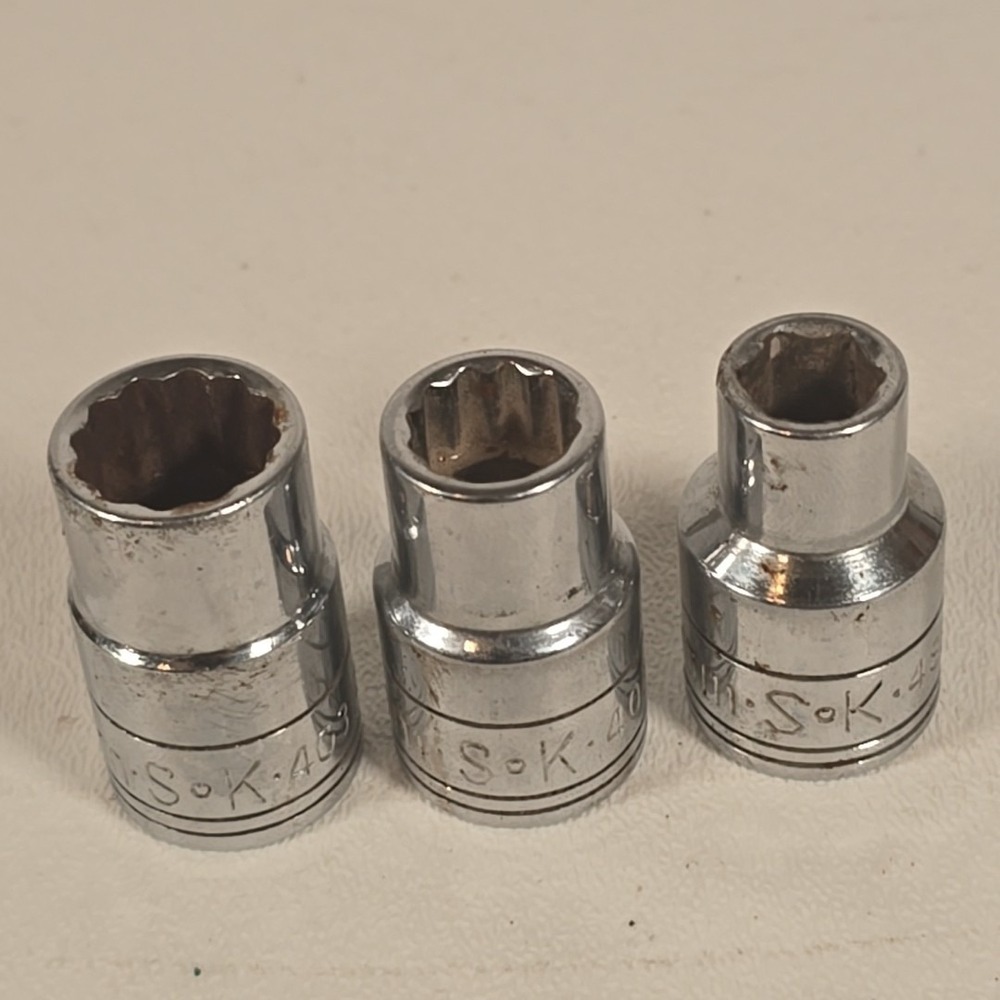 S-K 14mm, 12mm, 12 Point 10mm‎ 6 Point 1/2" Drive Shallow Sockets Lot Of 3